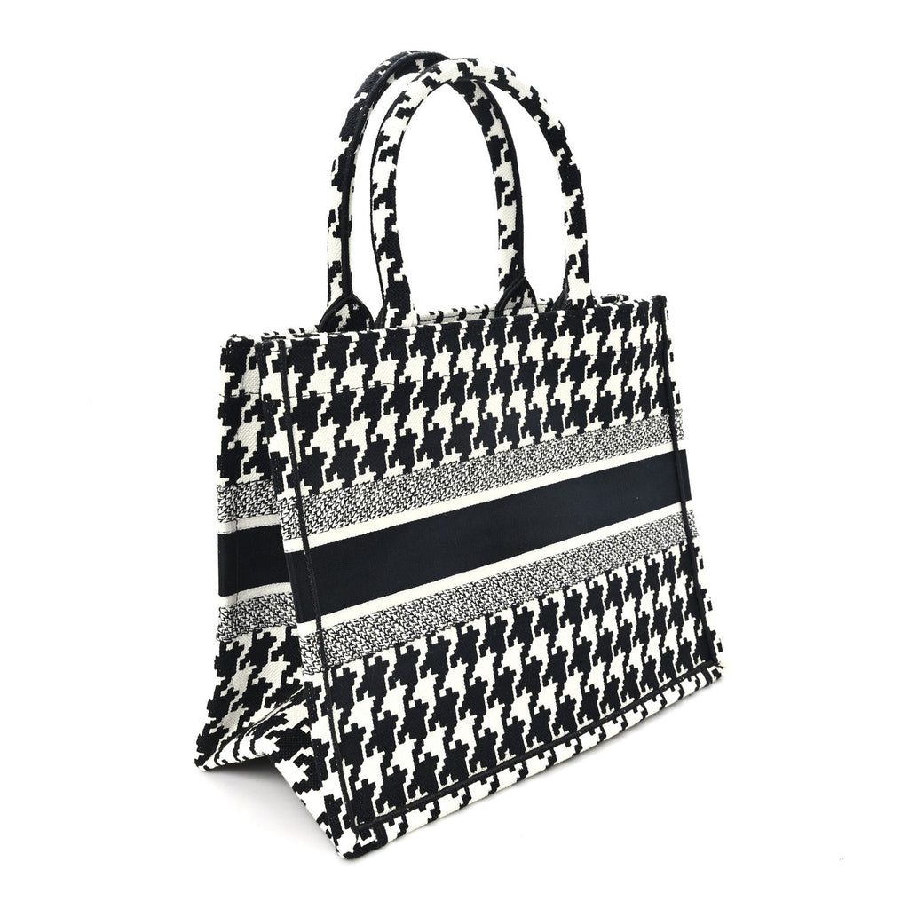 Dior Canvas Macro Houndstooth Embroidered Medium Book Tote Black White