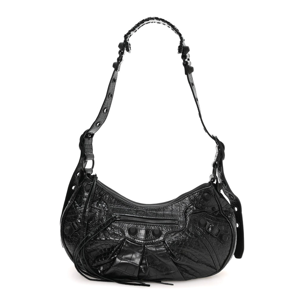 Balenciaga Extra Supple Calfskin Crocodile Embossed Monochrome Small Le Cagole Shoulder Bag Black