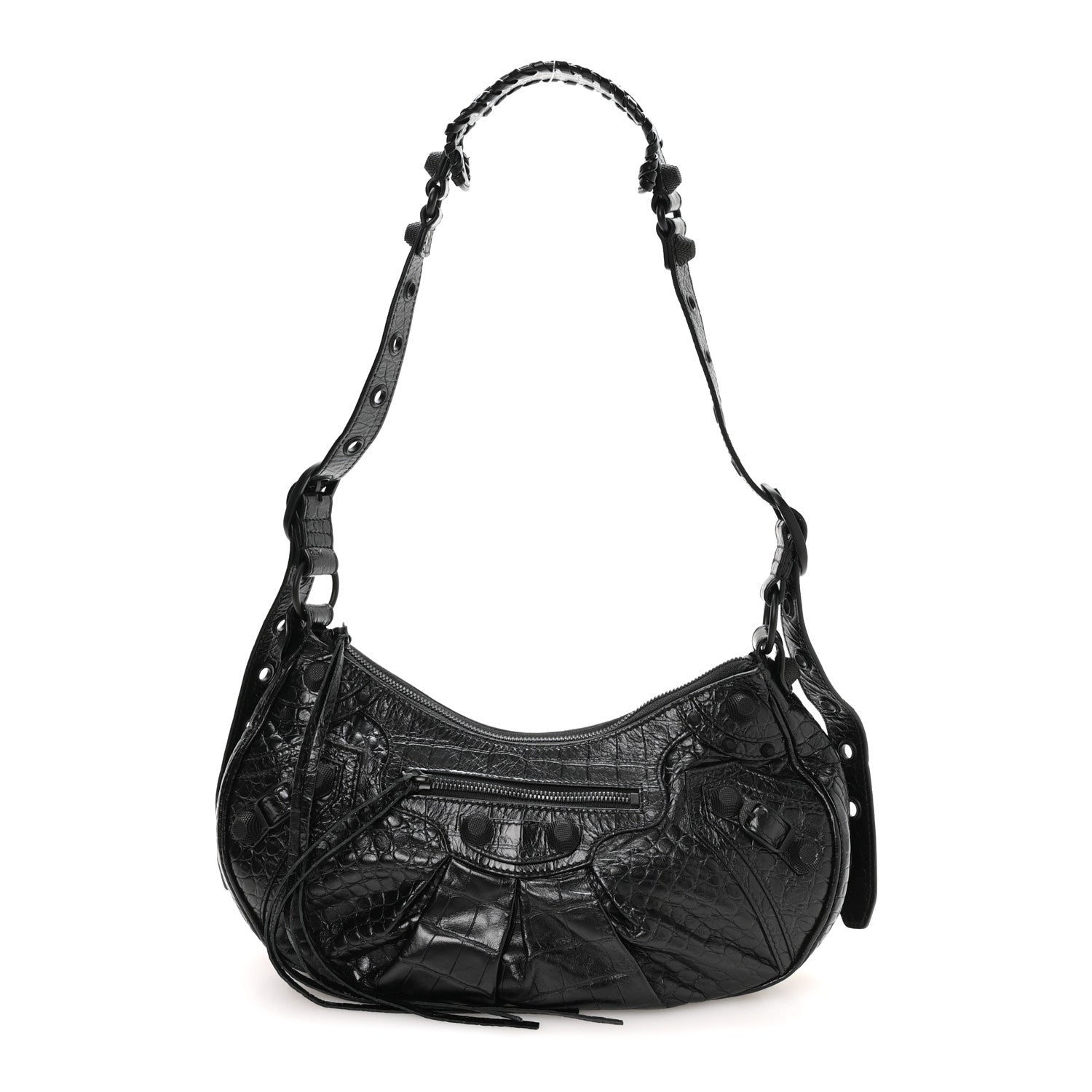 Balenciaga Extra Supple Calfskin Crocodile Embossed Monochrome Small Le Cagole Shoulder Bag Black