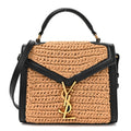 Saint Laurent Raffia Calfskin Mini Classic Monogram Cassandra Top Handle Black Natural
