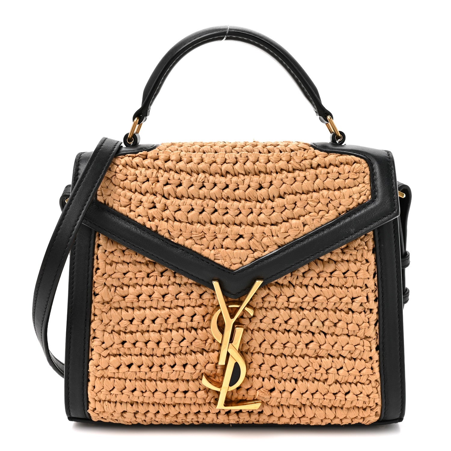 Saint Laurent Raffia Calfskin Mini Classic Monogram Cassandra Top Handle Black Natural