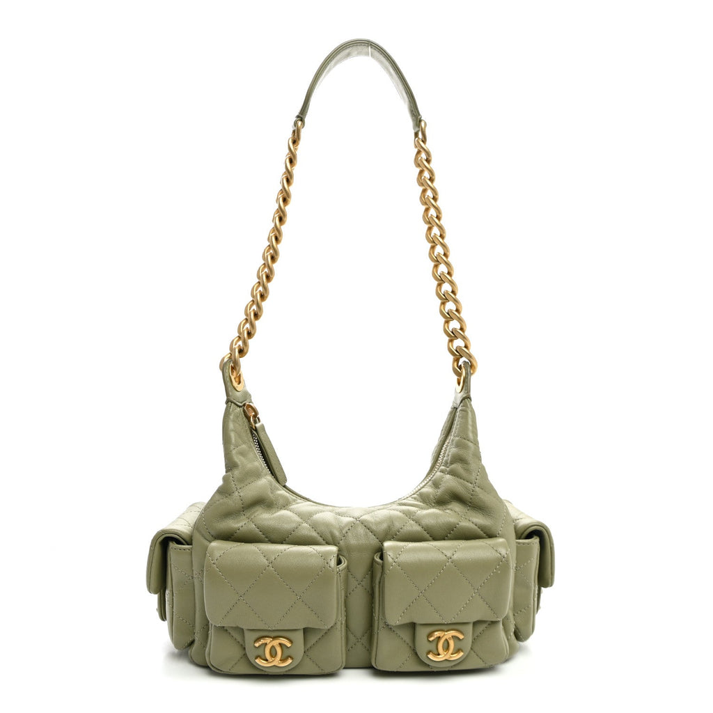 Chanel Shiny Lambskin Quilted Trendy Pockets Hobo Green