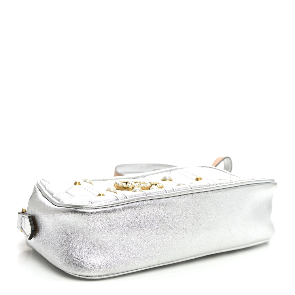 Gucci Metallic Calfskin Matelasse Studded Small Pearly GG Marmont Chain Shoulder Bag Silver
