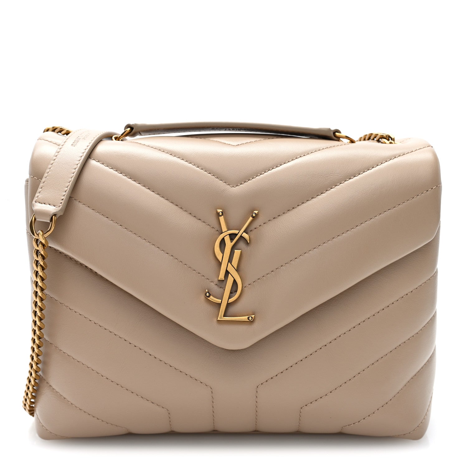 Saint Laurent Calfskin Y Quilted Monogram Small Loulou Chain Satchel Dark Beige