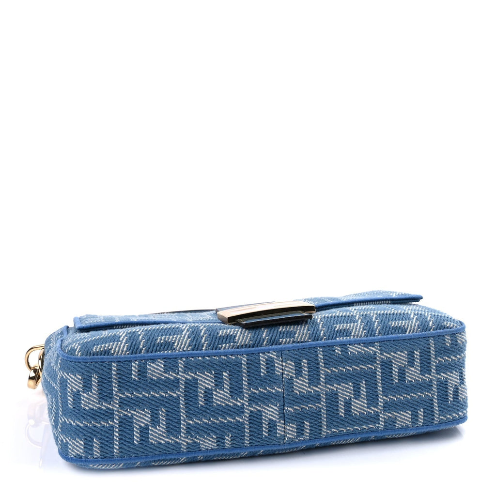Fendi Denim Jacquard FF Effect Vitello Grace Reversible Baguette Ceruleo