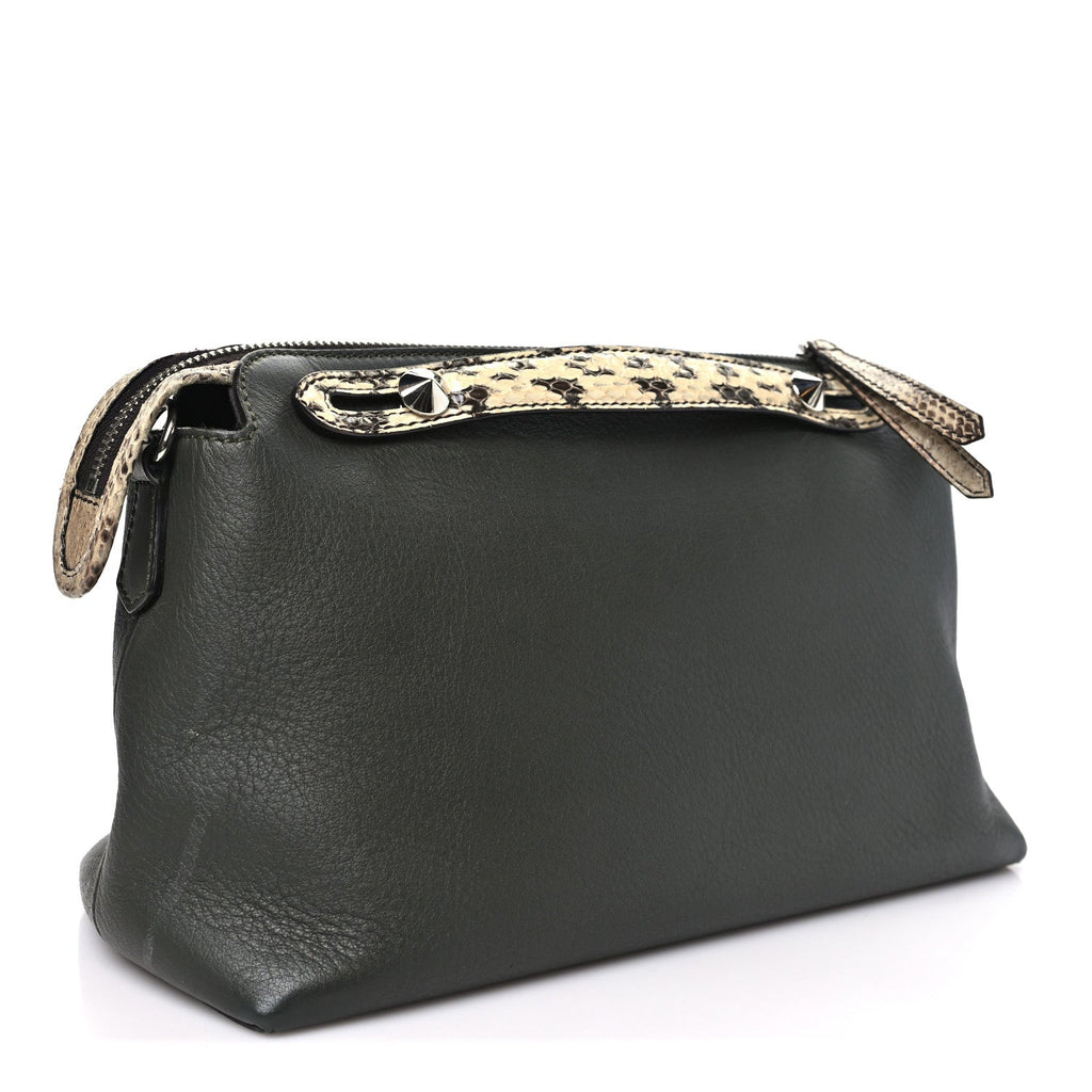 Fendi Vitello Snakeskin Medium By The Way Boston Bag Dark Green Roccia