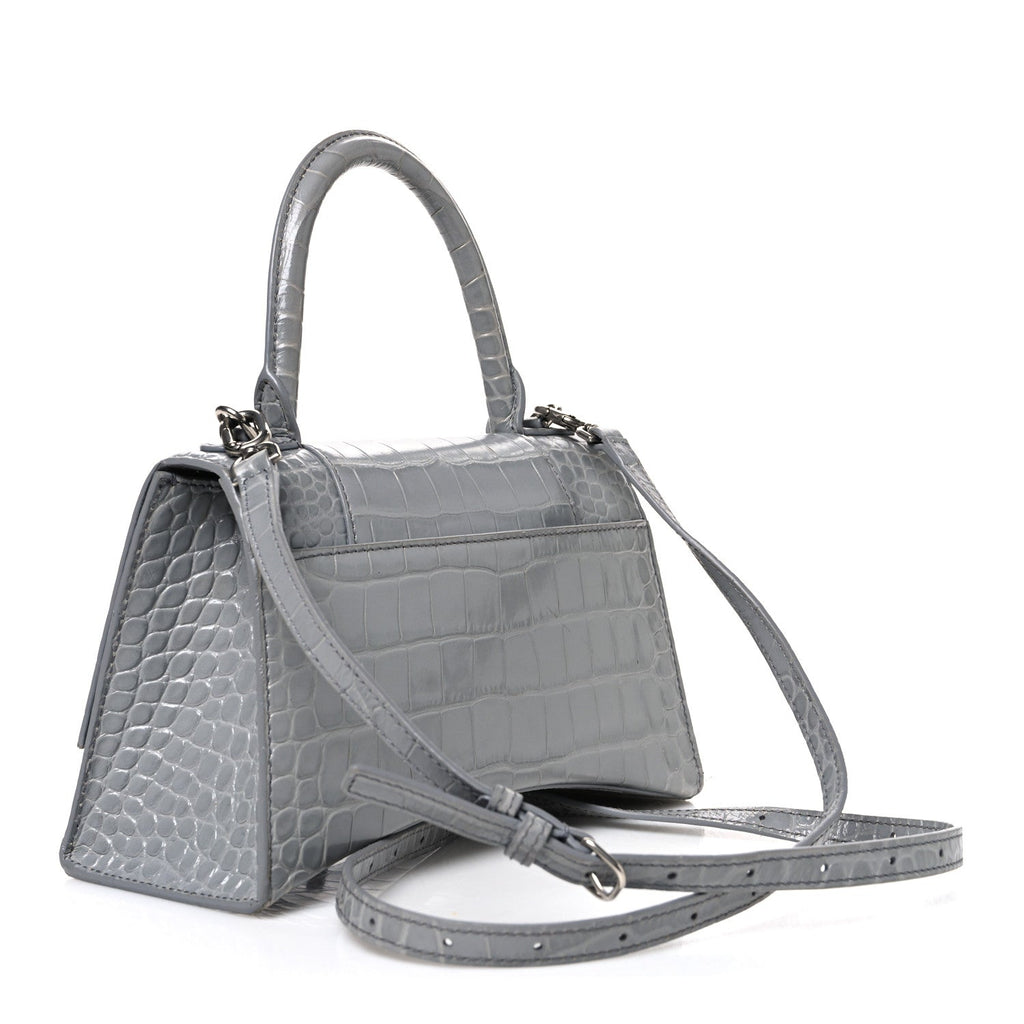Balenciaga Shiny Calfskin Crocodile Embossed Small Hourglass Top Handle Bag Balenciaga Grey Balenciaga Grey