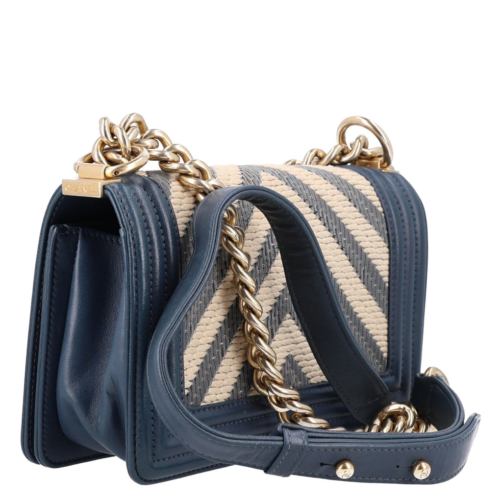 Chanel Fabric Chevron Braided Small Boy Flap Blue Ivory