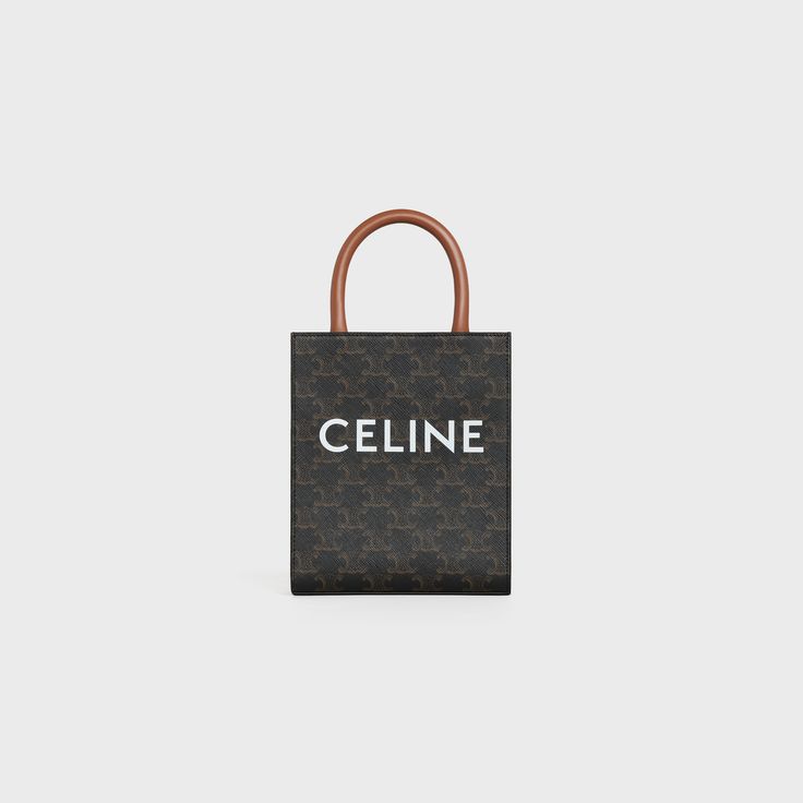 Celine Mini Vertical Cabas in Triomphe Canvas with CELINE print tan calfskin handles - front view