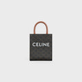 Celine Mini Vertical Cabas in Triomphe Canvas with CELINE print tan calfskin handles - front view