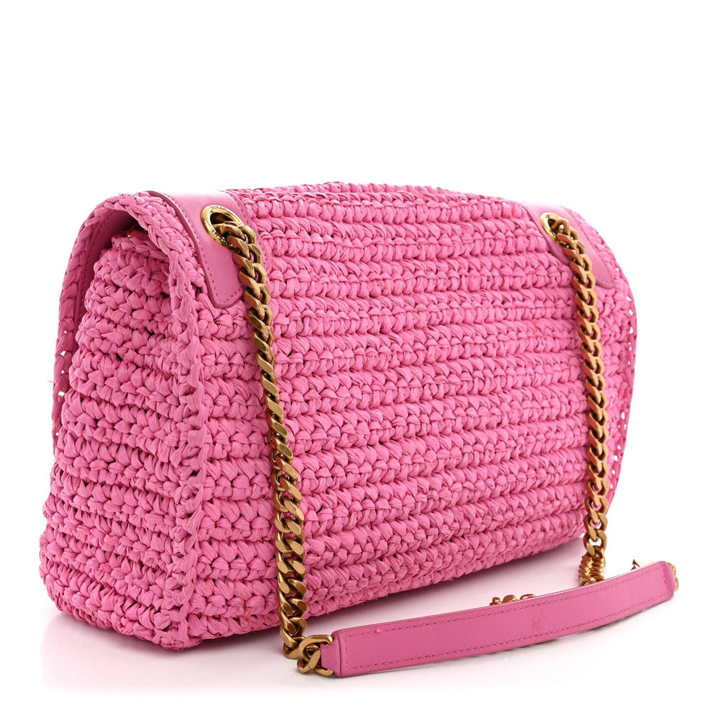 Saint Laurent Raffia Calfskin Monogram Medium Niki Chain Satchel Bright Pink