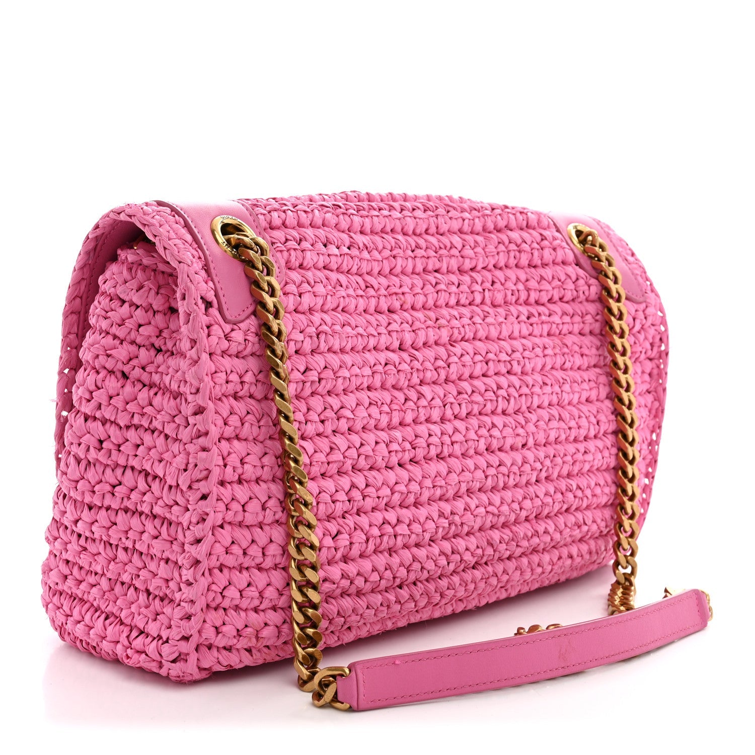Saint Laurent Raffia Calfskin Monogram Medium Niki Chain Satchel Bright Pink