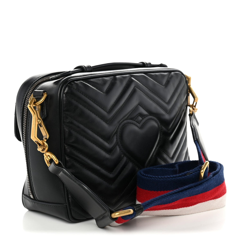Gucci Calfskin Matelasse Sylvie Web Small GG Marmont Top Handle Shoulder Bag Black
