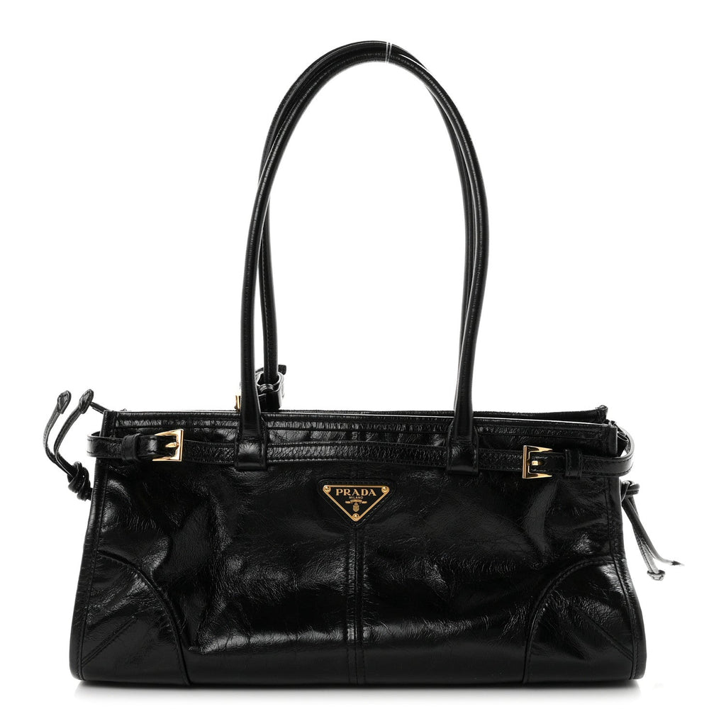 Prada Glossy Calfskin Triangle Medium Bonnie Shoulder Bag Black