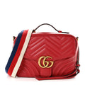 Gucci Calfskin Matelasse Sylvie Web Small GG Marmont Top Handle Shoulder Bag Hibiscus Red