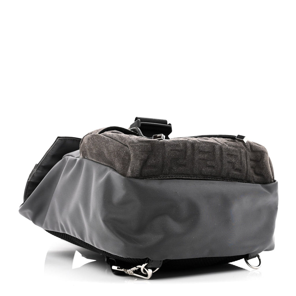 Fendi Suede Nylon Santander Cuoio Romano Bi-Color FF Embossed Small Fendiness Backpack Piombo Fango Grigio Polvere Asphalto