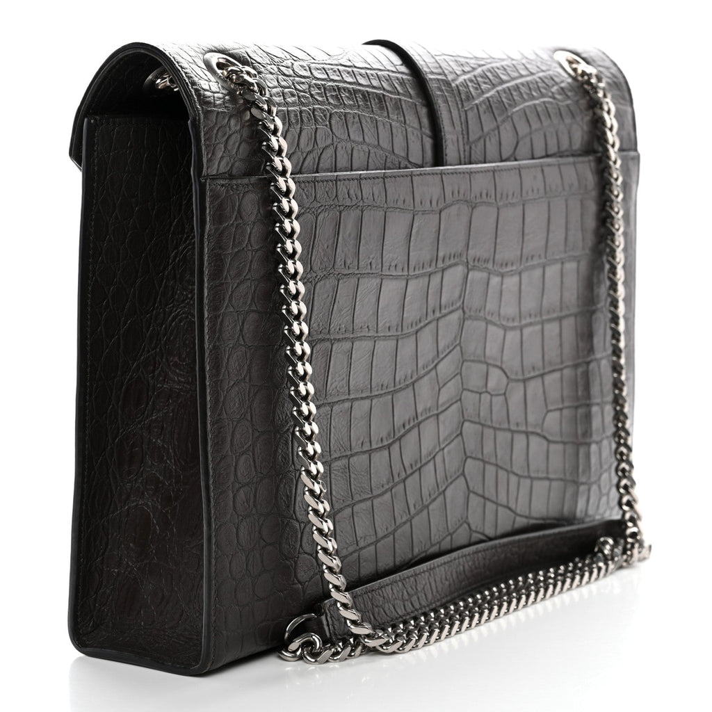 Saint Laurent Calfskin Crocodile Embossed Large Monogram Satchel Dark Brown