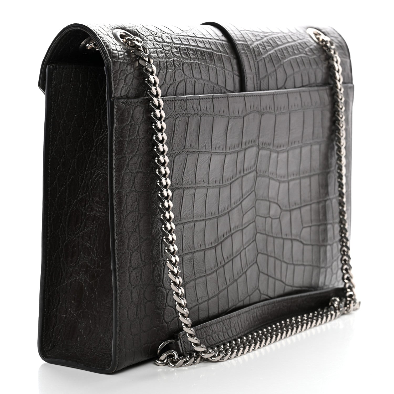 Saint Laurent Calfskin Crocodile Embossed Large Monogram Satchel Dark Brown