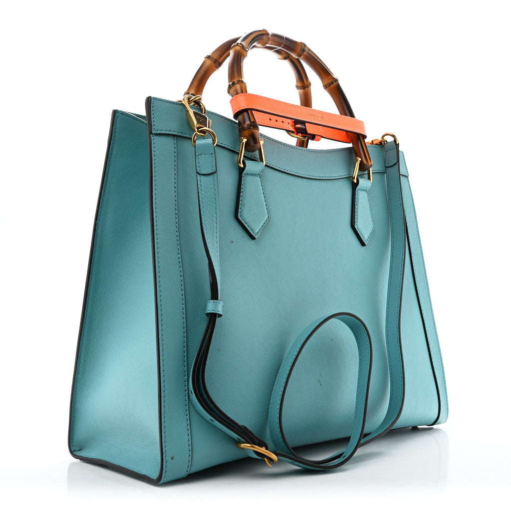 Gucci Wonka Grain Calfskin Medium Diana Tote Bag Dusty Azure Orange Fluo