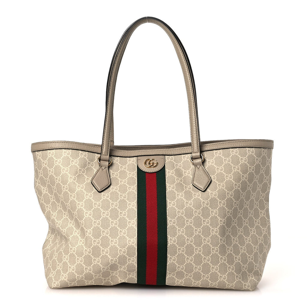 Gucci GG Supreme Monogram Textured Dollar Calfskin Web Medium Ophidia Shopping Tote Beige Mystic White Oatmeal