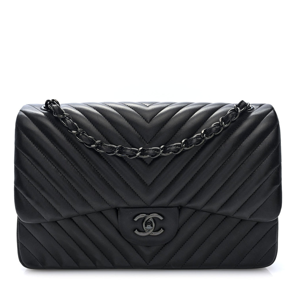 Chanel Lambskin Chevron Quilted Jumbo Double Flap So Black