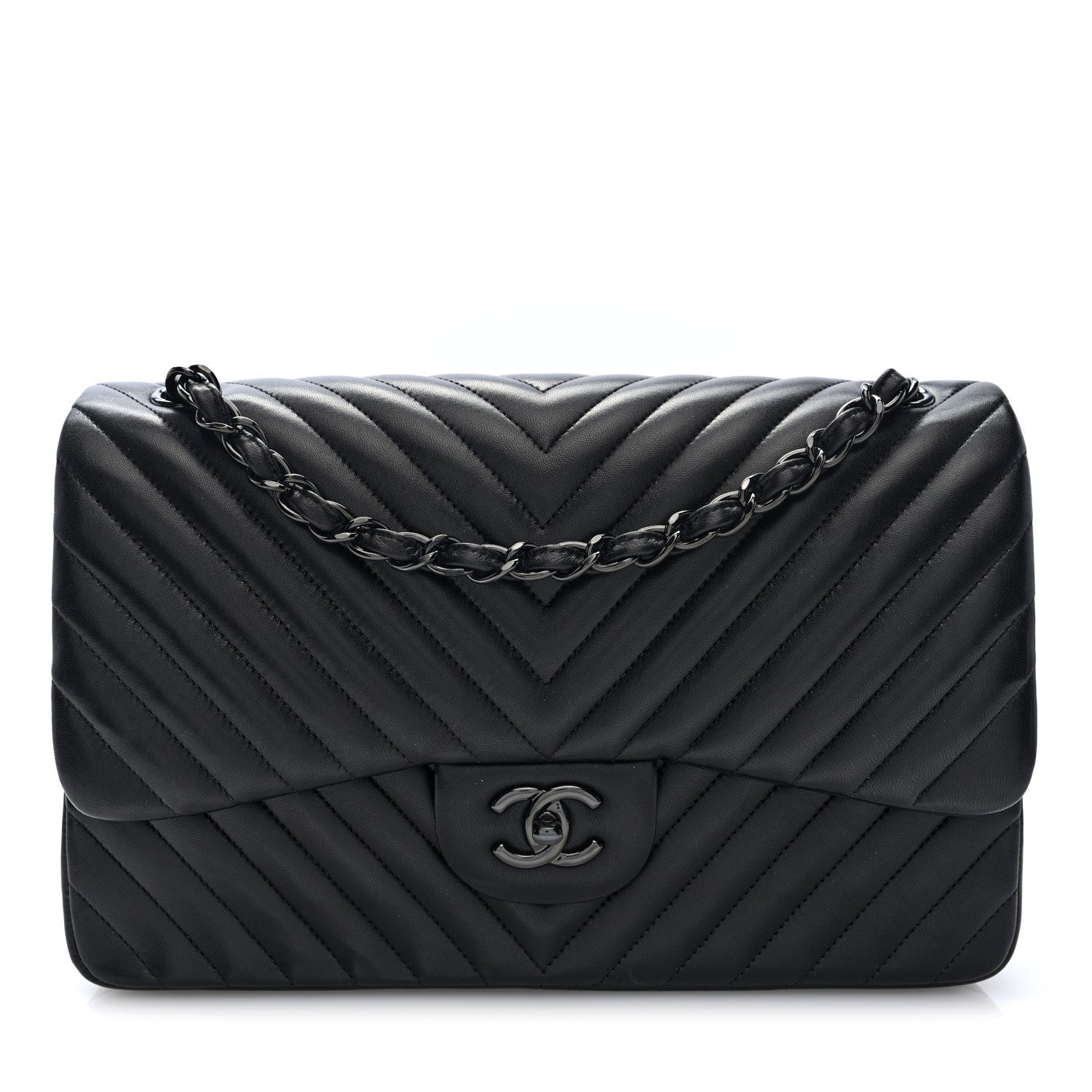 Chanel Lambskin Chevron Quilted Jumbo Double Flap So Black
