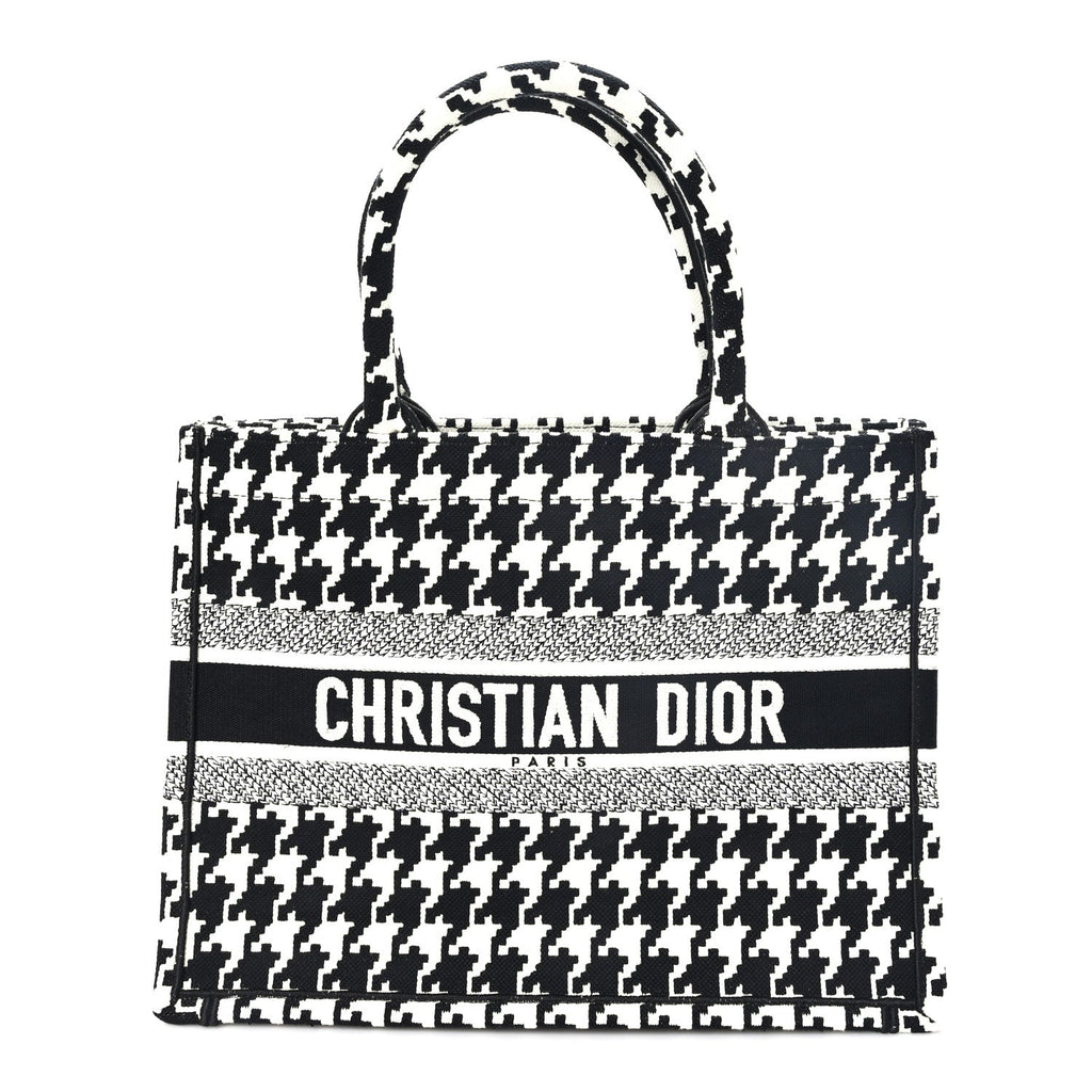 Dior Canvas Macro Houndstooth Embroidered Medium Book Tote Black White