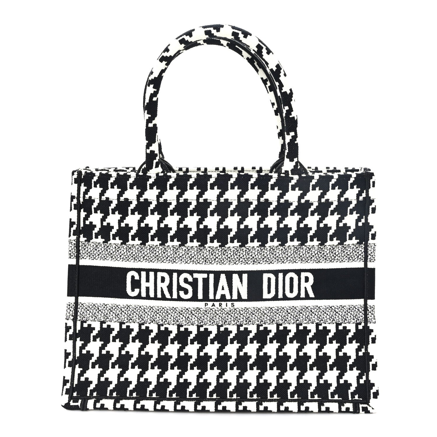 Dior Canvas Macro Houndstooth Embroidered Medium Book Tote Black White