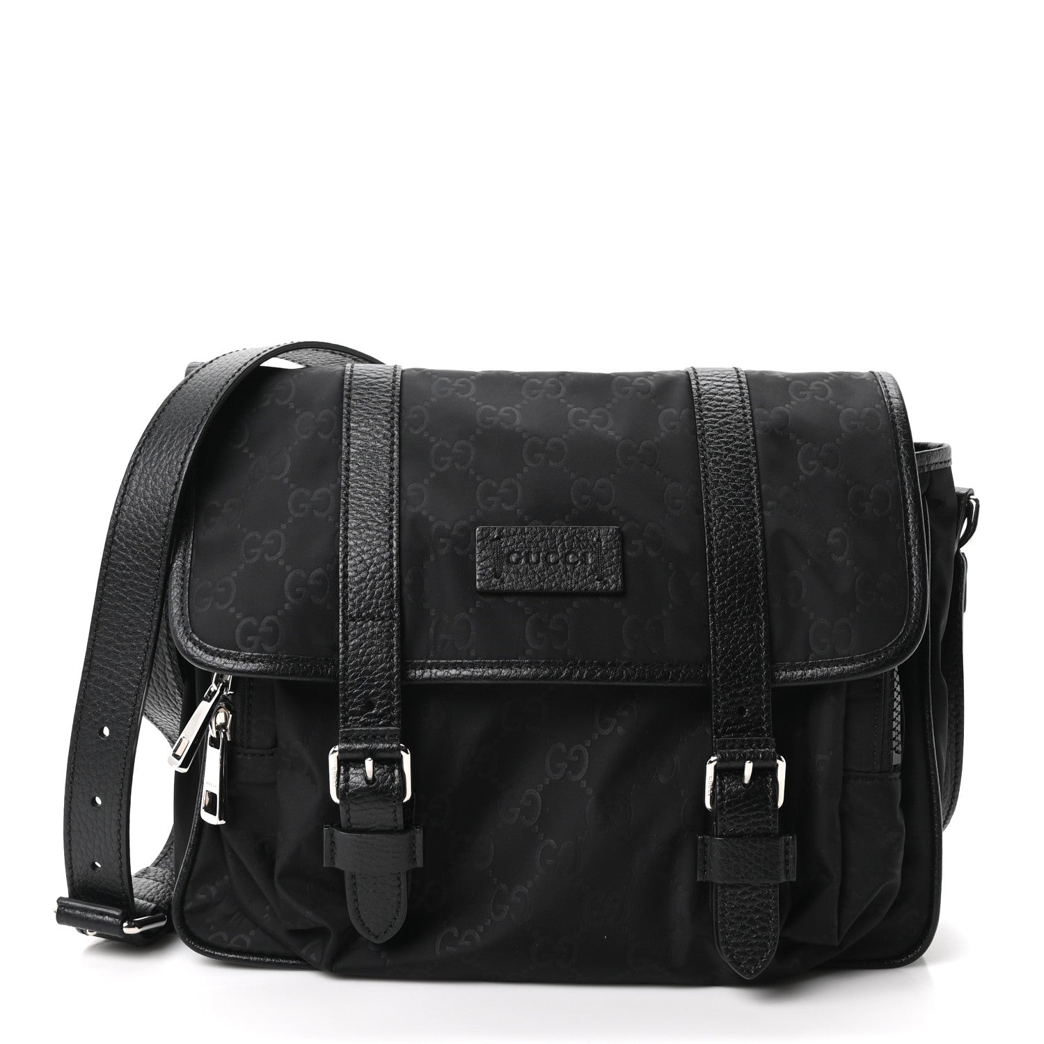 Gucci Nylon Monogram Double Buckle Flap Messenger Bag Black