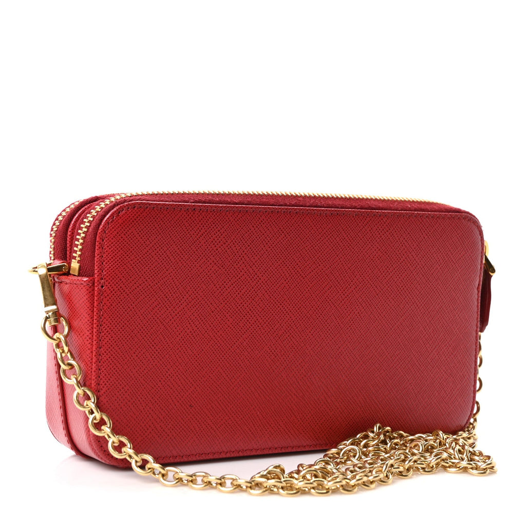 Prada Saffiano Lux Mini Double Zip Chain Crossbody Bag Fuoco
