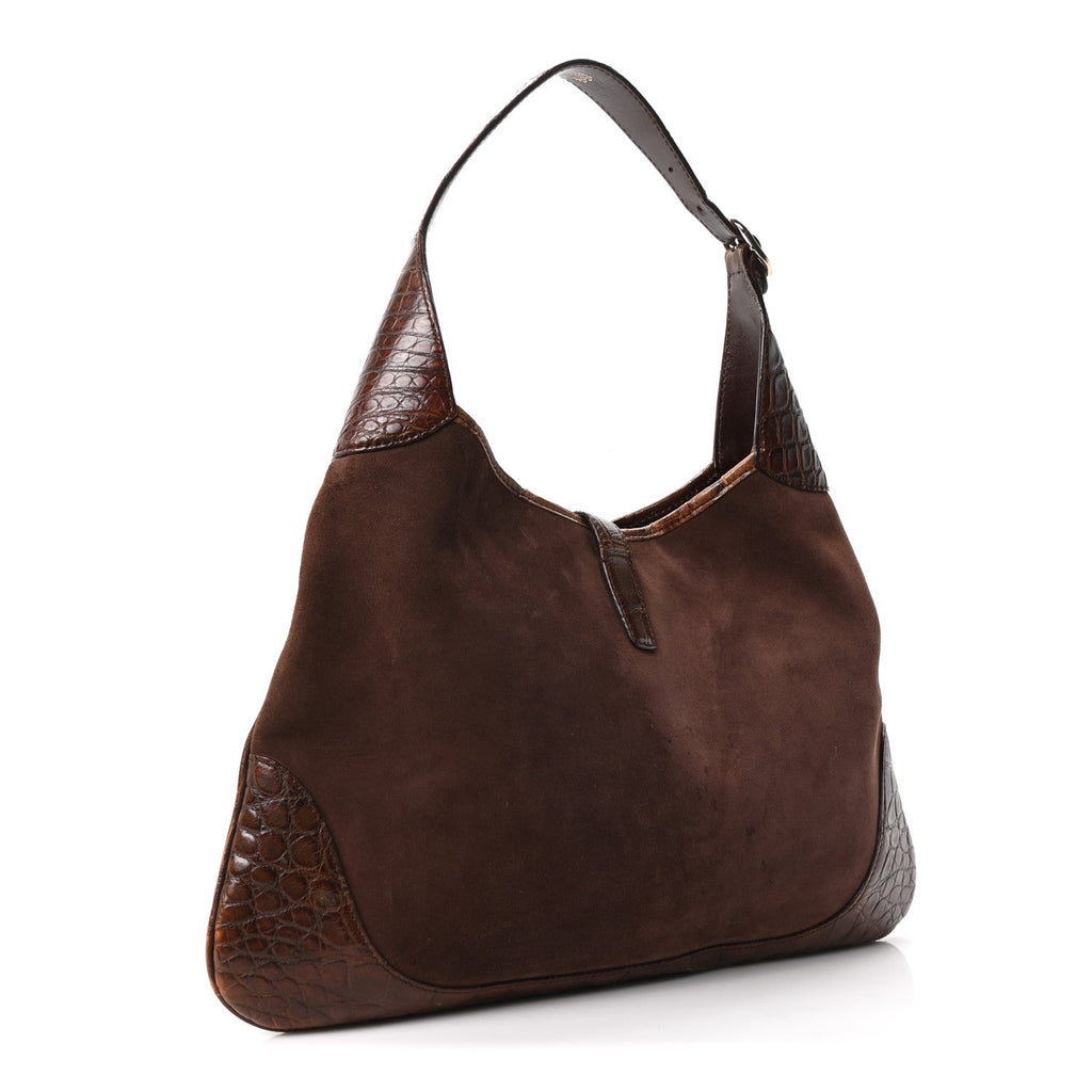 Gucci Crocodile Suede Beaded Floral Jackie Hobo Bag Brown
