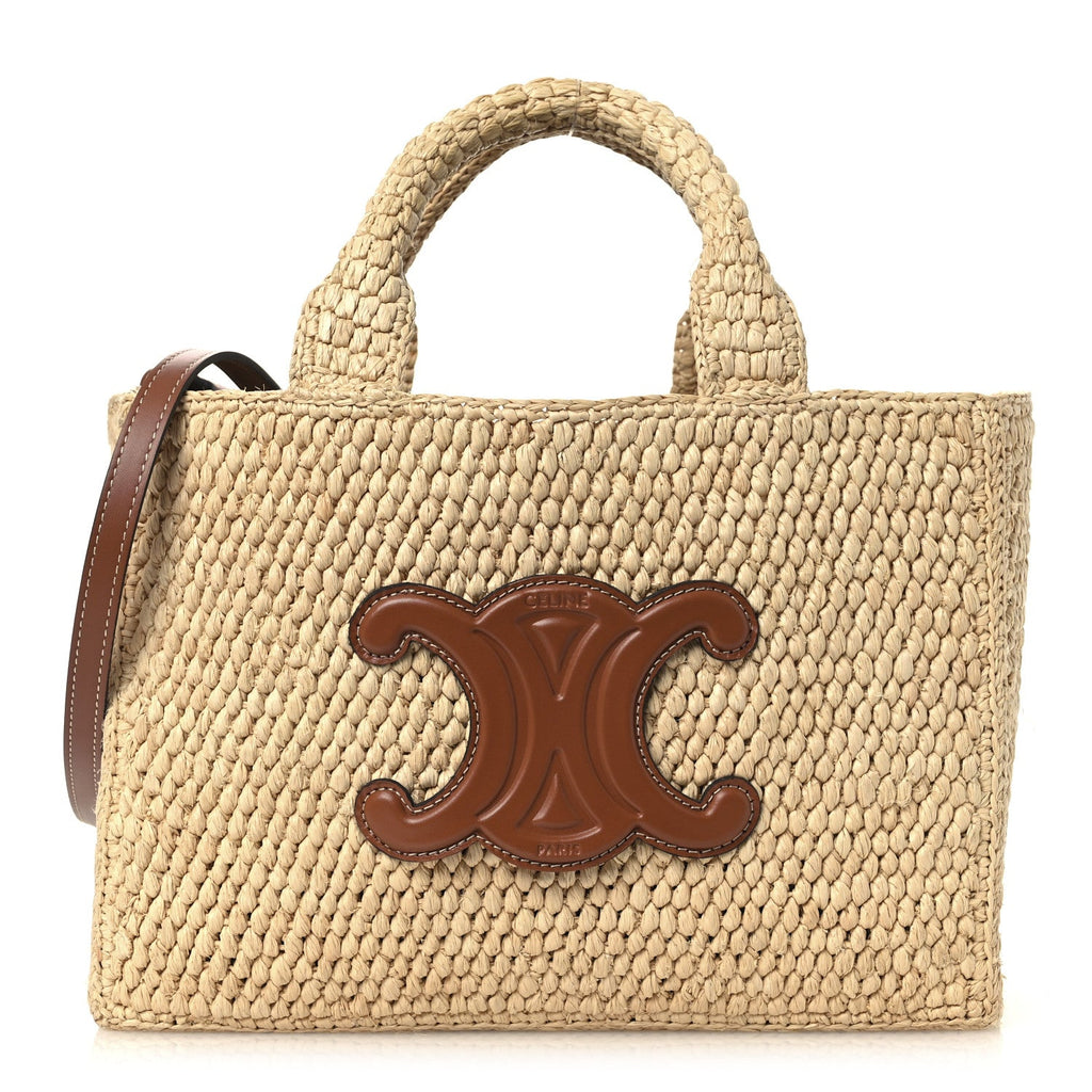 Celine Raffia Calfskin Triomphe Small Cabas Thais Tan