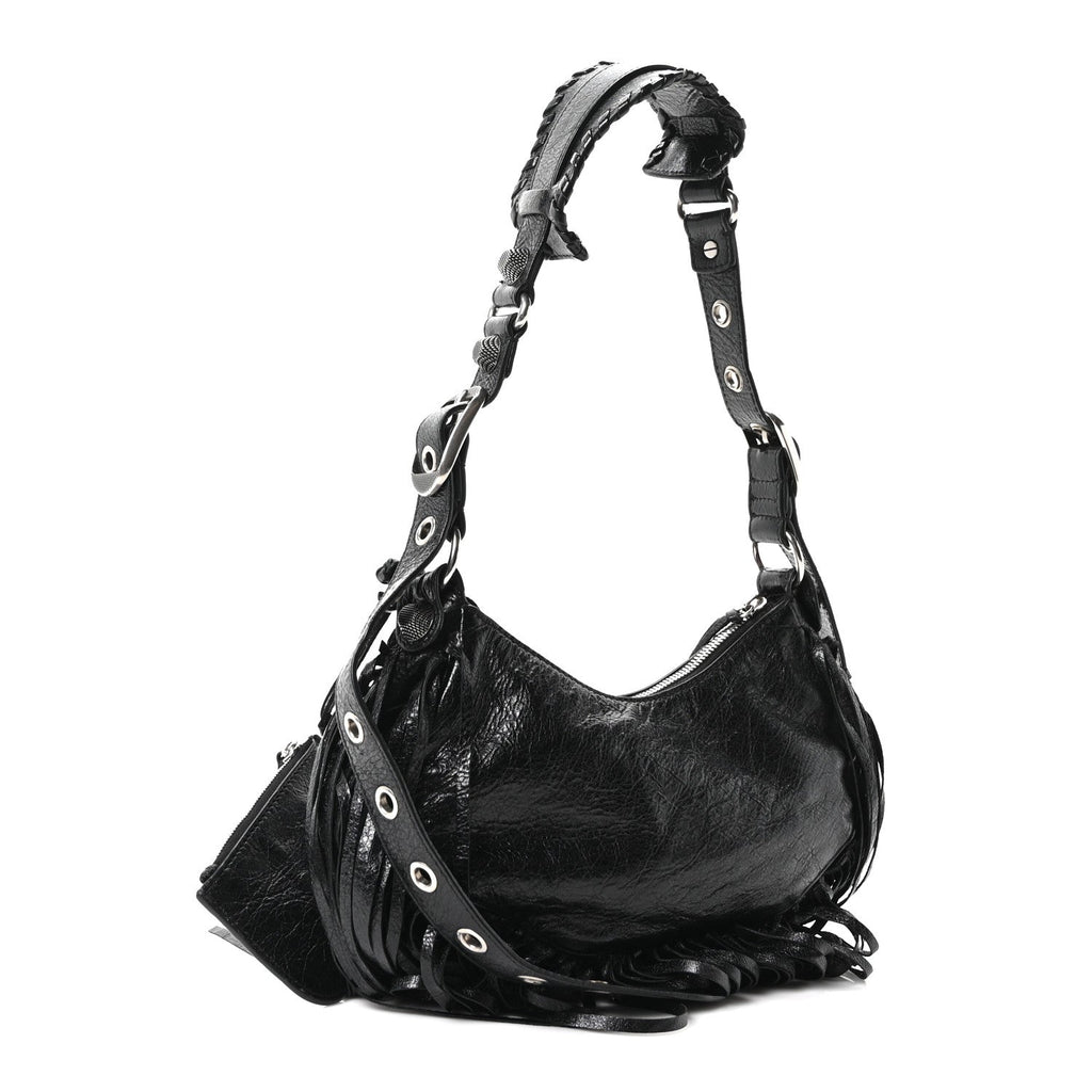 Balenciaga Agneau Arena Le Cagole Fringe Shoulder Bag XS Black