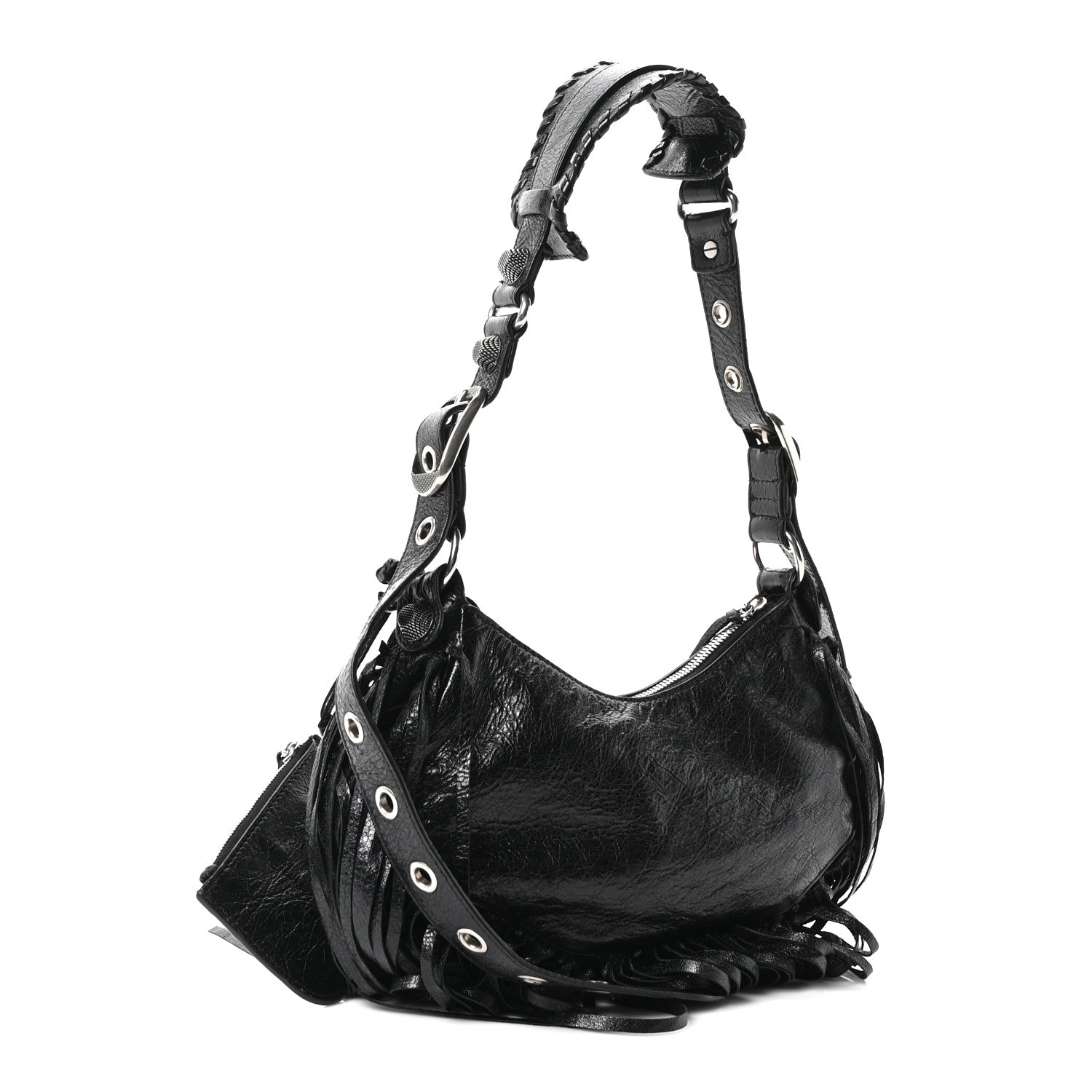 Balenciaga Agneau Arena Le Cagole Fringe Shoulder Bag XS Black