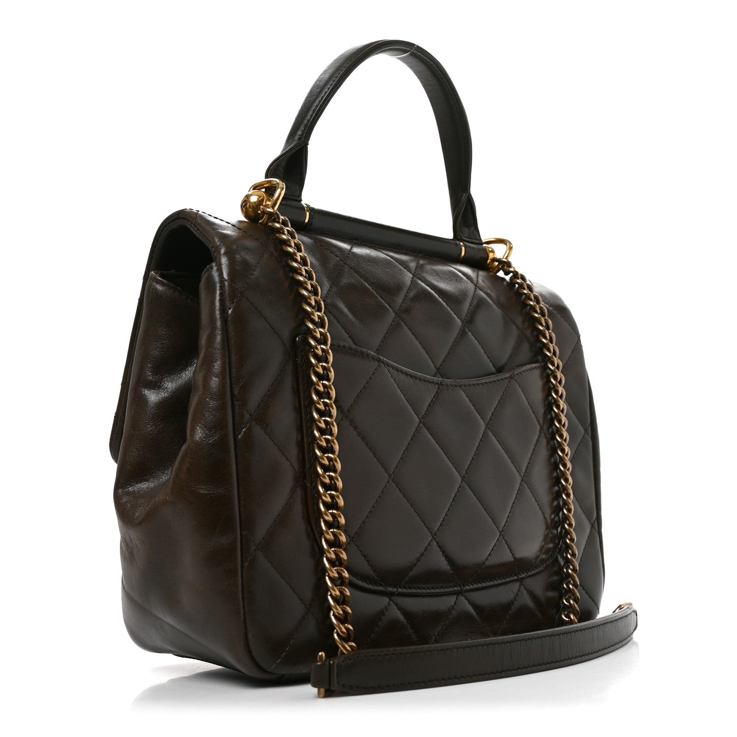 Chanel Calfskin Quilted Medium Gold Bar Top Handle Flap Dark Khaki