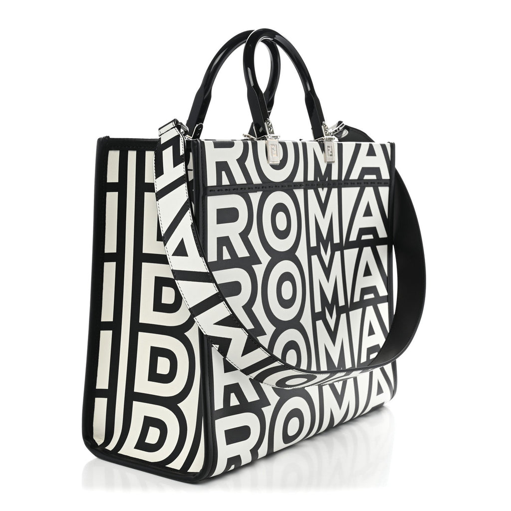 Fendi X MARC JACOBS Vitello King Logo Print Medium Fendi Sunshine Shopper Tote Black White