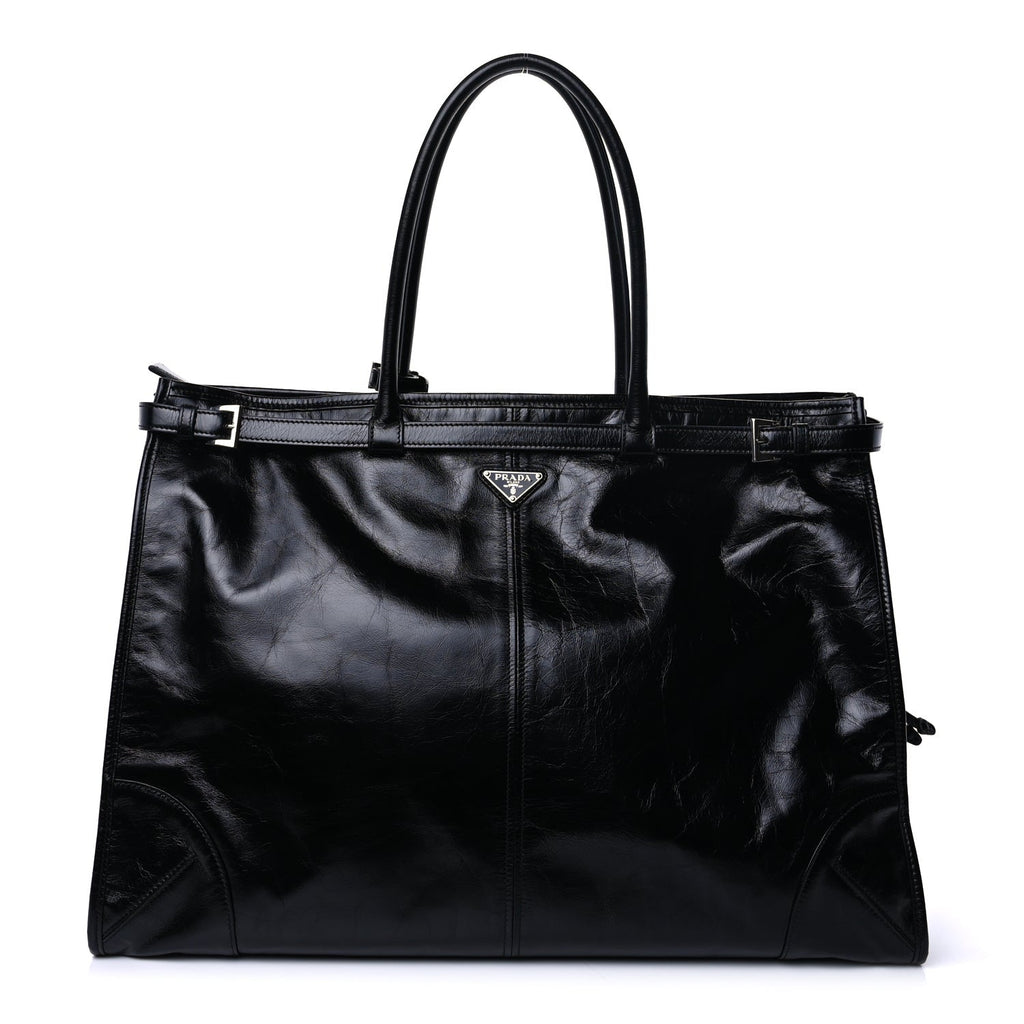 Prada Glossy Calfskin Triangle Extra Large Bonnie Shoulder Bag Black