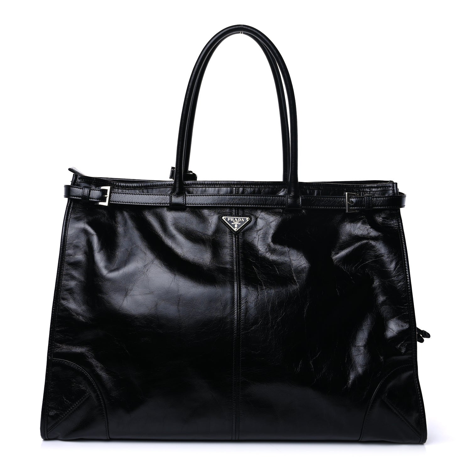 Prada Glossy Calfskin Triangle Extra Large Bonnie Shoulder Bag Black