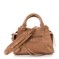 Balenciaga Shiny Supple Calfskin Crocodile Embossed Neo Classic Gold Hardware Mini City Nude Beige