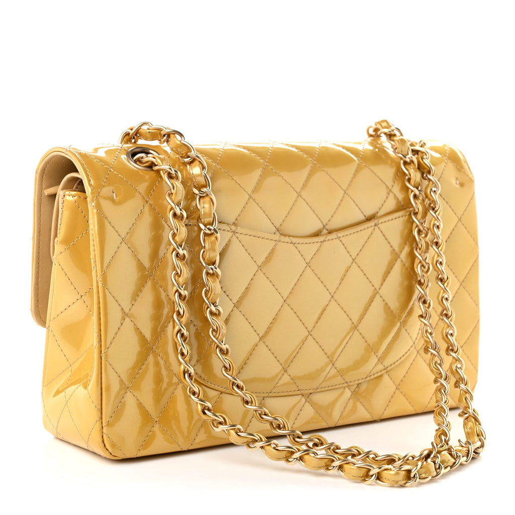 Chanel Metallic Patent Quilted Medium Double Flap Gold
