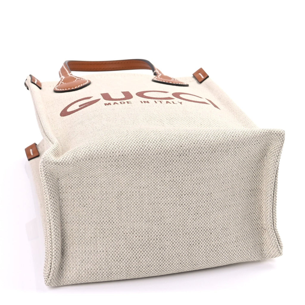Gucci Canvas Calfskin Logo Mini Tote Bag Beige Light Brown Beige Light Brown