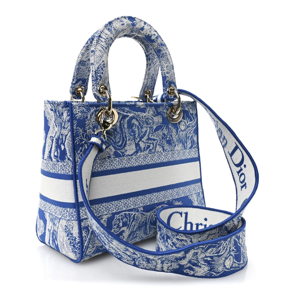Dior Canvas Toile De Jouy Reverse Embroidered Medium Lady D-Lite Fluorescent Blue
