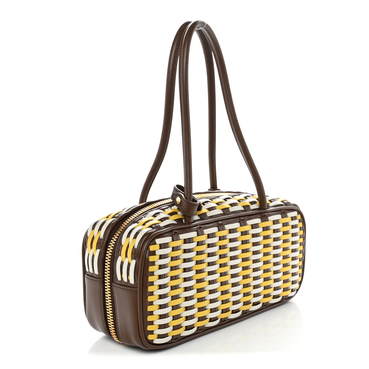 Miu Miu Woven Calfskin Small Beau Top Handle Bag Acero Sole Talco