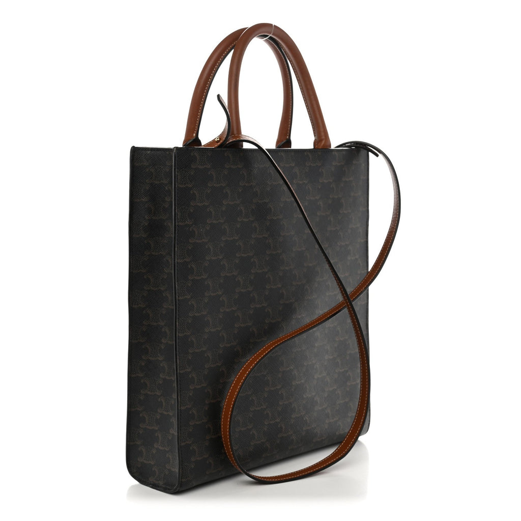 Celine Triomphe Canvas Calfskin Small Vertical Cabas Tan