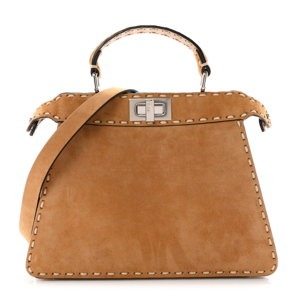 Fendi Suede Macro Stitchings Small Peekaboo Iconic Satchel Marrone