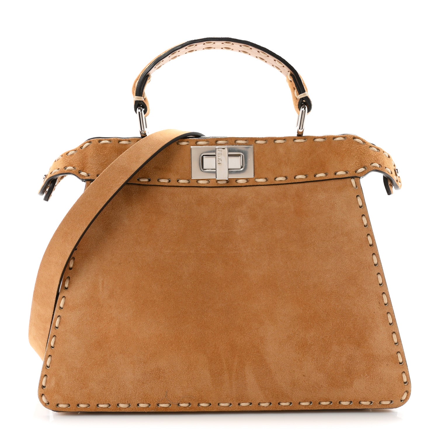 Fendi Suede Macro Stitchings Small Peekaboo Iconic Satchel Marrone
