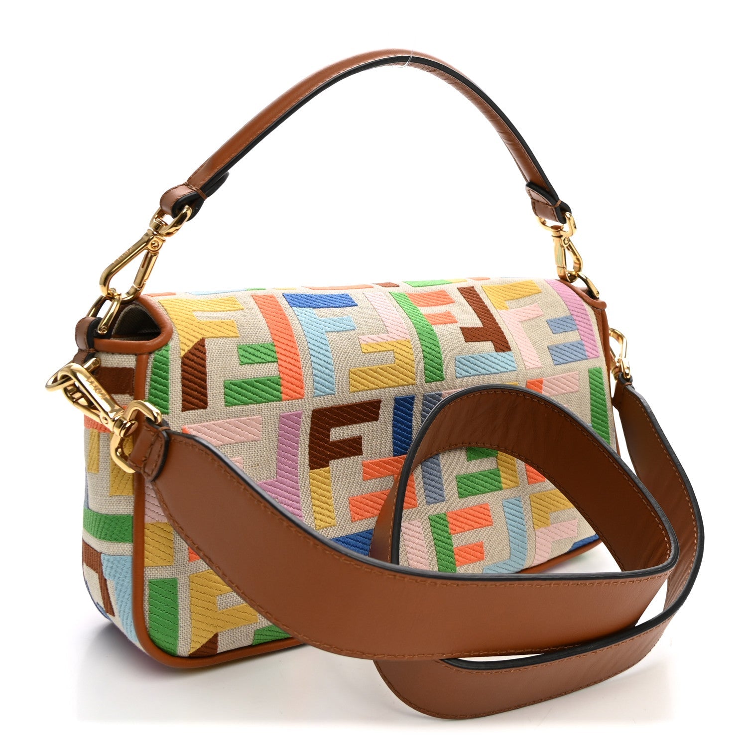 Fendi Kuban Canvas Vitello King FF Embroidered Baguette Grezzo Multicolor