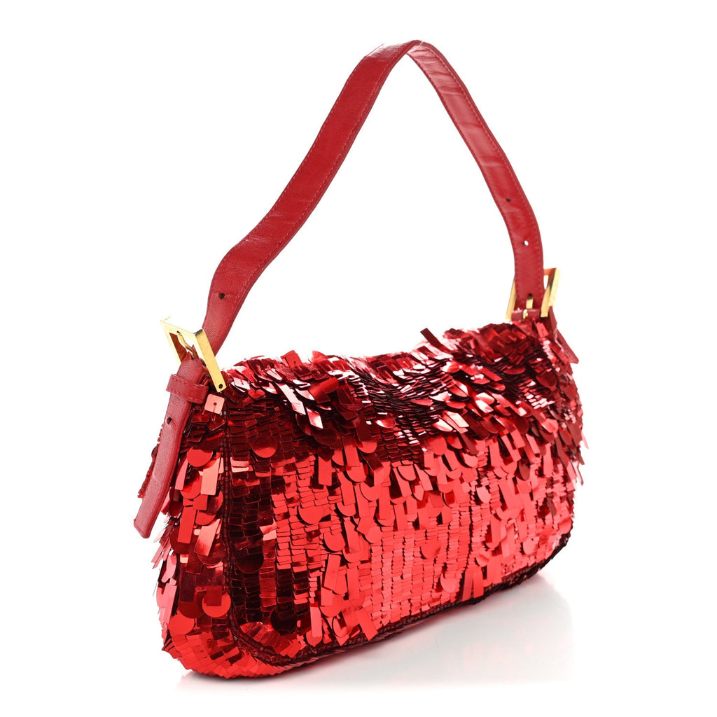 Fendi Sequin Paillettes Enamel Baguette Red