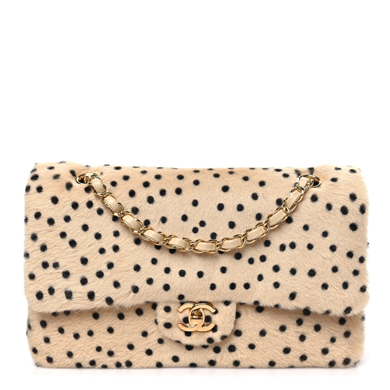 Chanel Pony Hair Cheetah Printed Creative Fabrics Flap Light Beige Black front view