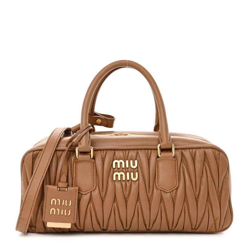 MIU MIU ARCADIE NAPPA MATELASSÉ LARGE TOP HANDLE BAG IN CARAMEL